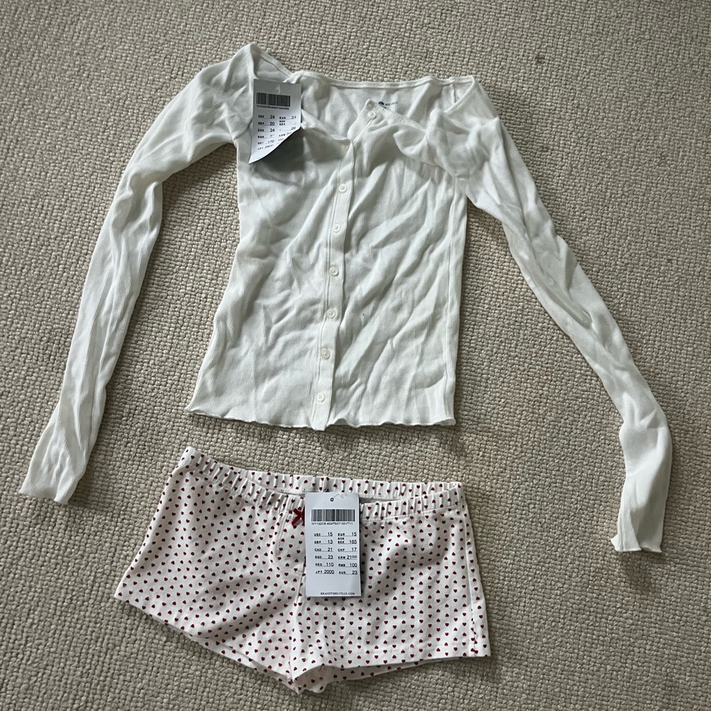 Brandy Melville Cream Button-Up Top and Polka Dot Shorts Set